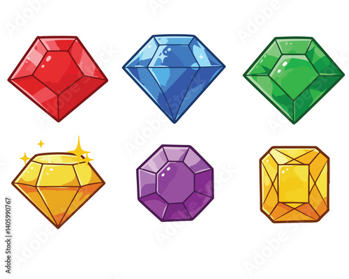 Colorful gemstone icons white background representing shiny, faceted jewels and luxury elements.