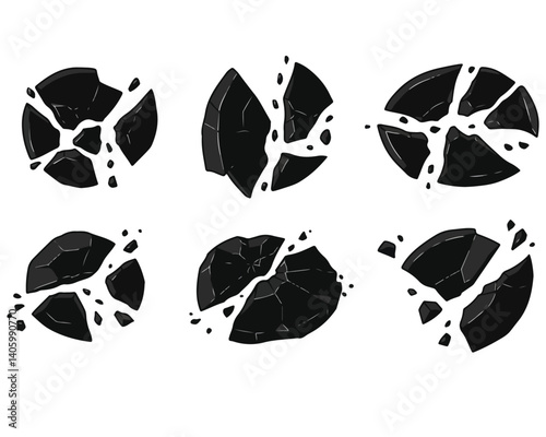 Black cracked stone textures on white background representing shattered, broken, damaged surfaces.