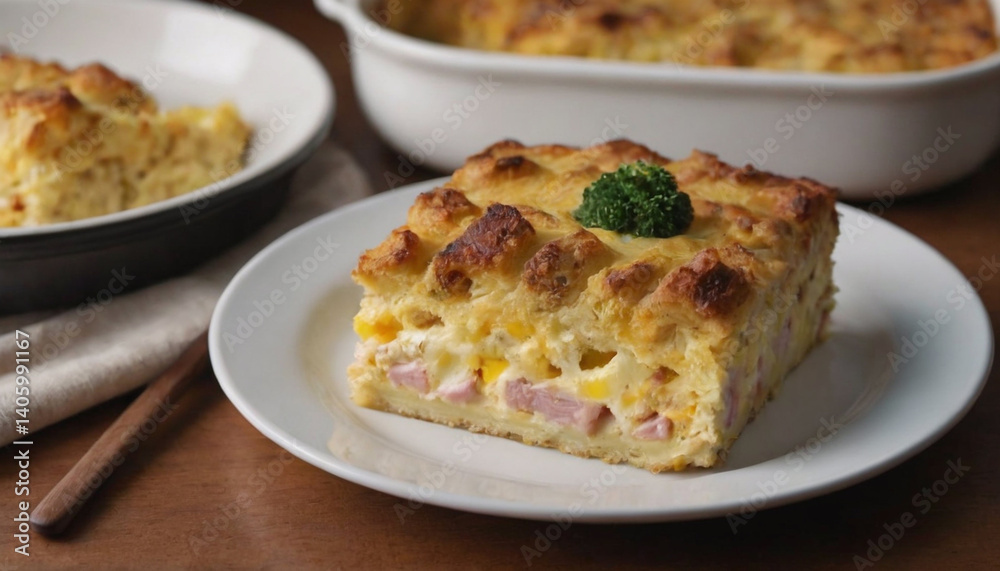 ham egg and cheese breakfast strata casserole on a plate ham egg and cheese breakfast strata casserole on a plate