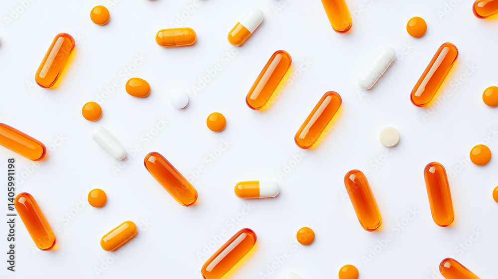 orange medical capsules with oil or medicine on white background