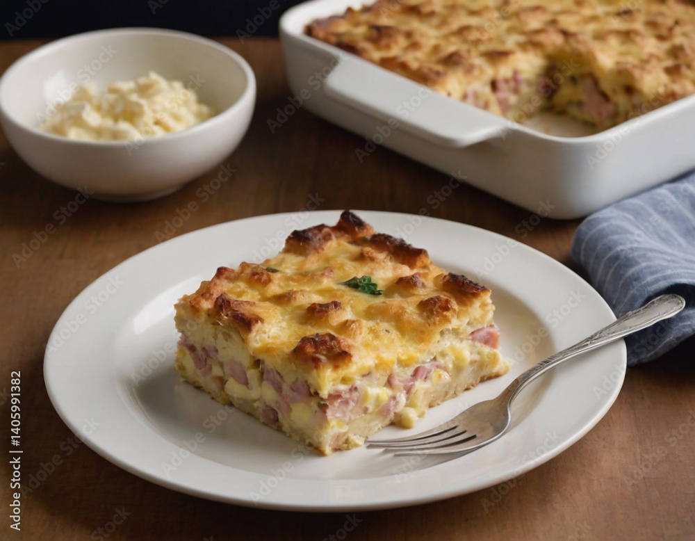 ham egg and cheese breakfast strata casserole on a plate