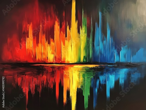 Bright colors blend to create an abstract skyline with reflection