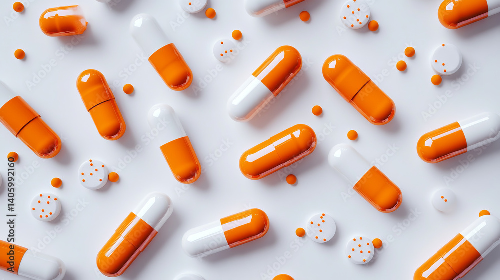 orange medical capsules with oil or medicine on white background