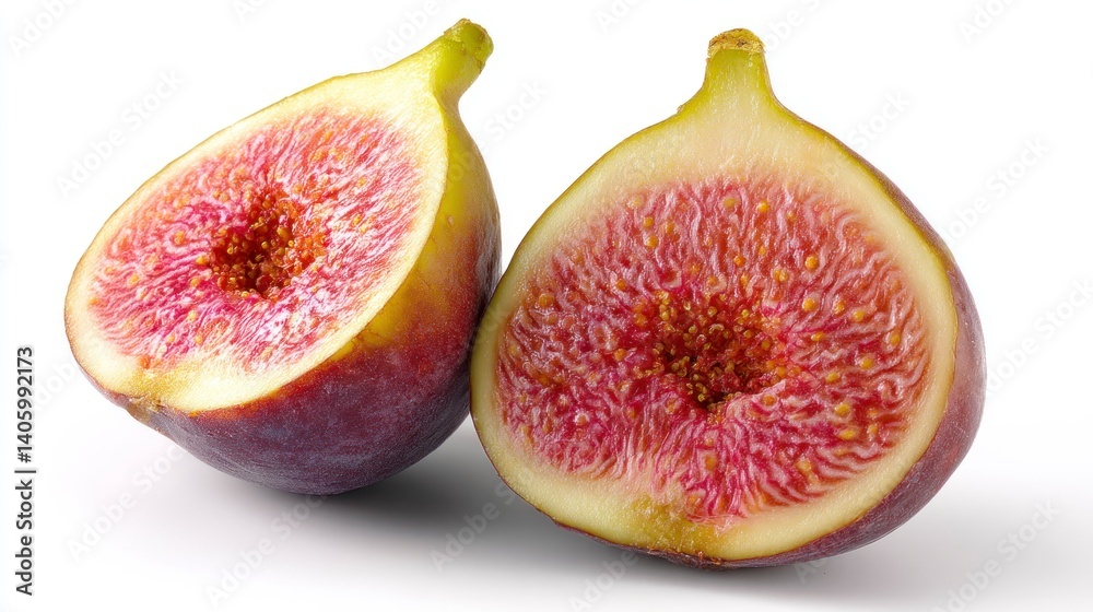 Halved Figs Showing Juicy Interior on White Background Halved Figs Showing Juicy Interior on White Background