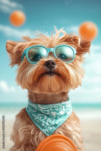 Cute dog wearing glasses and a bandana enjoys a sunny beach day with orange balls in the background