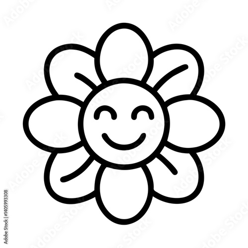 Cute flower drawing simple outline vector illustration of a smiling blossom for kids coloring page and design element