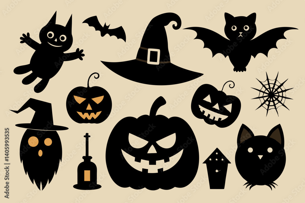 Fototapeta premium Halloween Vector Illustration With Pumpkins,Bats,Cat,And Witch Hat Silhouettes