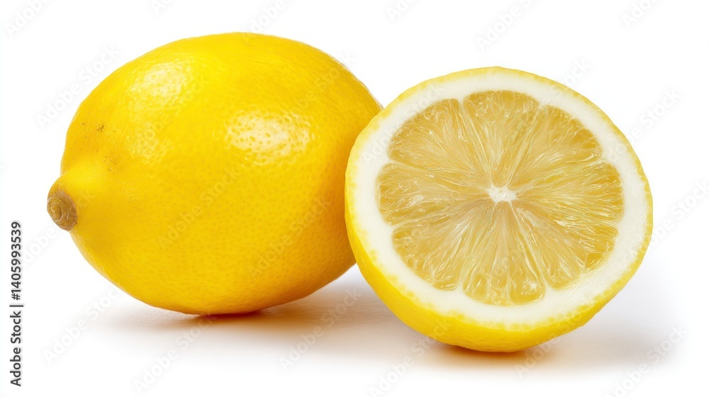 Fresh Lemons Whole and Half Isolated on White Background Fresh Lemons Whole and Half Isolated on White Background