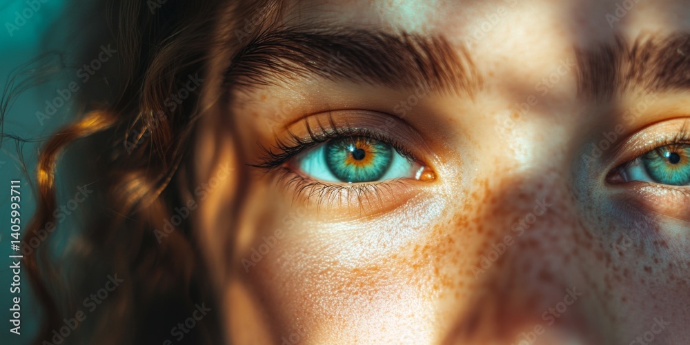 A close-up of captivating green eyes framed by curly hair. The play of light and shadows creates an enchanting portrait. Ideal for beauty or nature themes. AI