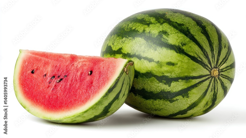Watermelon Slice and Whole Fruit on White Background Watermelon Slice and Whole Fruit on White Background