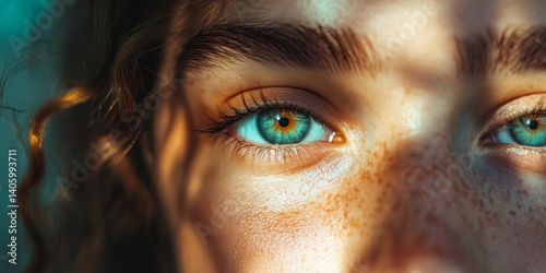 Obraz na płótnie A close-up of captivating green eyes framed by curly hair. The play of light and shadows creates an enchanting portrait. Ideal for beauty or nature themes. AI w salonie