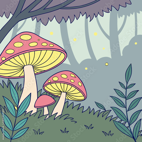 Whimsical cartoon mushroom forest with vibrant colors and magical atmosphere