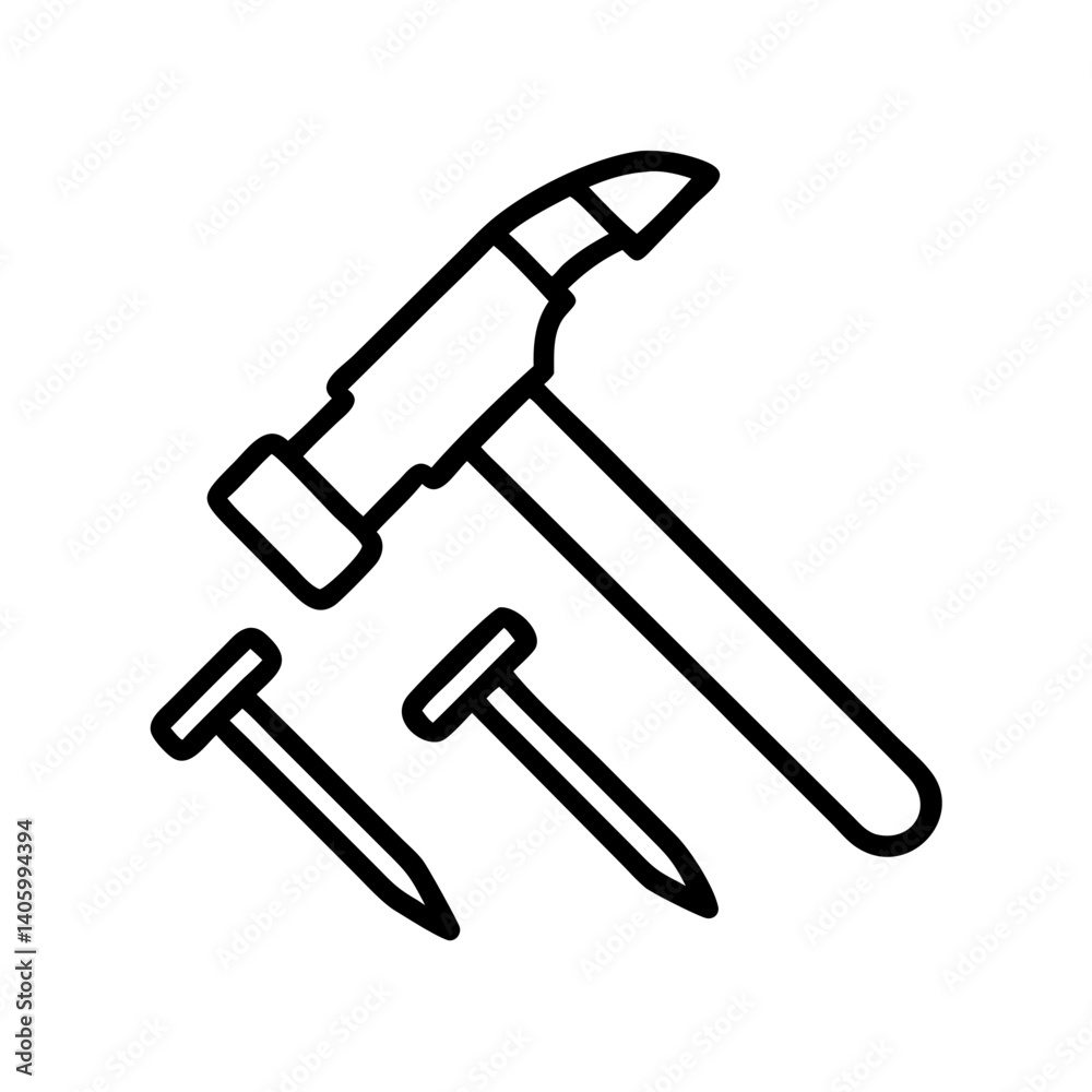 Illustration of hammer and nails for carpentry woodworking construction and home improvement projects Illustration of hammer and nails for carpentry woodworking construction and home improvement projects