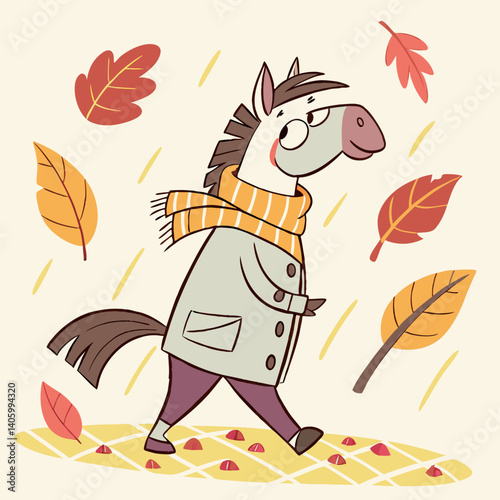Stylish cartoon horse wearing jacket and scarf in autumn breeze