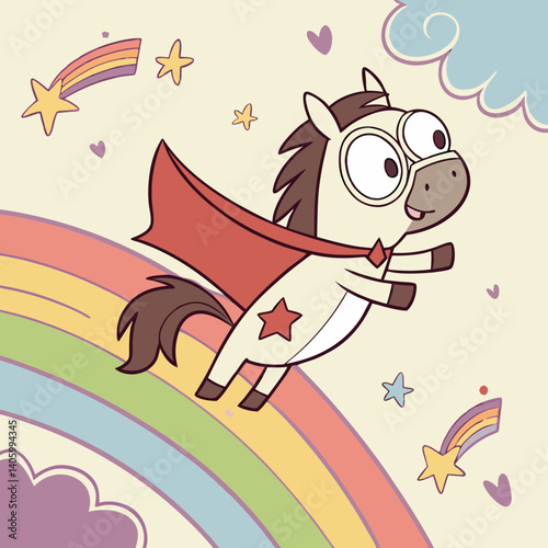 Cartoon horse with superhero cape flying through a colorful comic sky