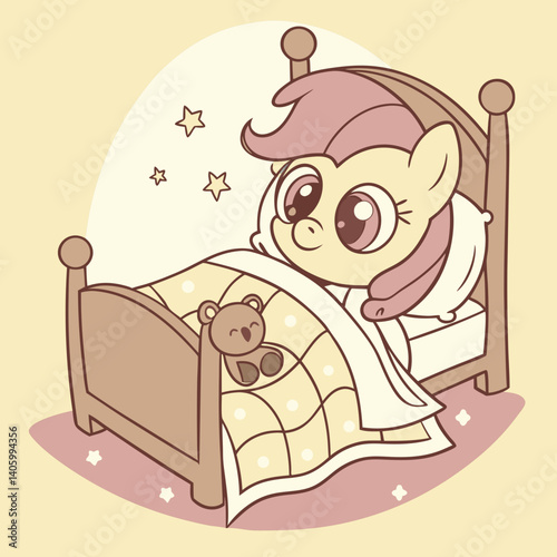 Cute sleepy cartoon pony tucked in bed with a stuffed animal friend