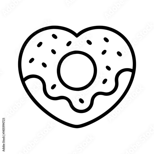 Heart shaped donut vector illustration, bakery pastry dessert with sprinkles isolated outline drawing