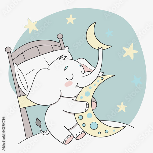 Sleepy elephant hugging a moon-shaped pillow, dreamy bedtime cartoon