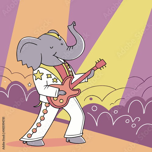 Rock star elephant playing guitar on stage with colorful lights, vibrant cartoon