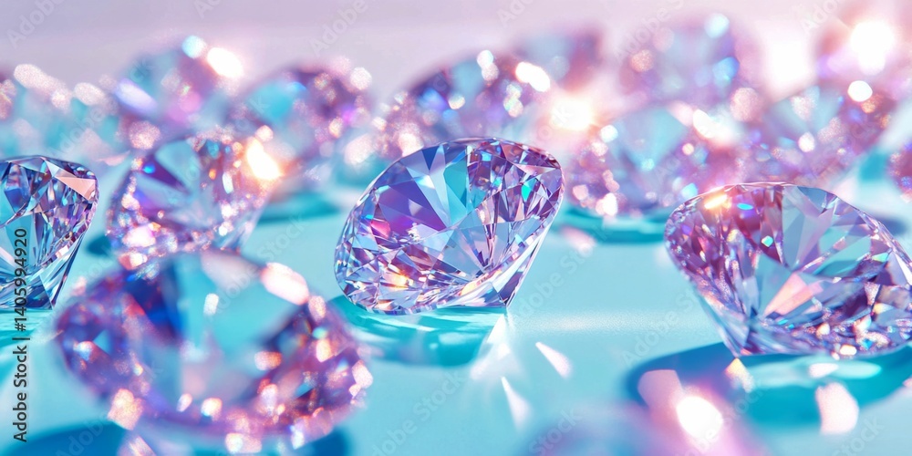 Glittering jewels sparkle under soft light. This captivating image features beautiful diamonds that create a sense of luxury. Perfect for presentations, advertising, or artwork. AI