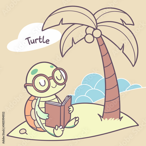 Cute cartoon turtle wearing round glasses and reading a book under a palm tree