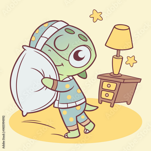 Sleepy cartoon turtle hugging a pillow and wearing pajamas
