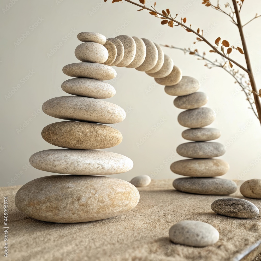 Fototapeta premium Balanced stone arrangement creating an arch, minimalistic design with natural elements, tranquil decor concept