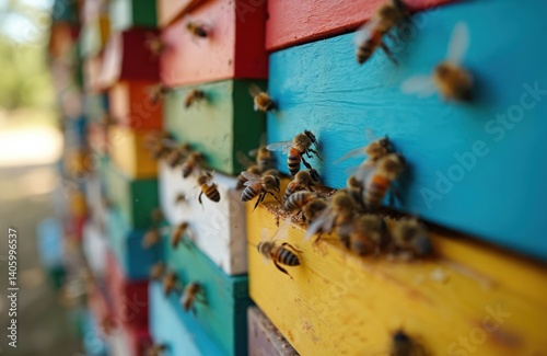 Bees return colorful hives carrying honey. Wooden structure showcases apiculture, bee colony, farm life. Natural background with summer flowers and honey. Food production, eco farm.