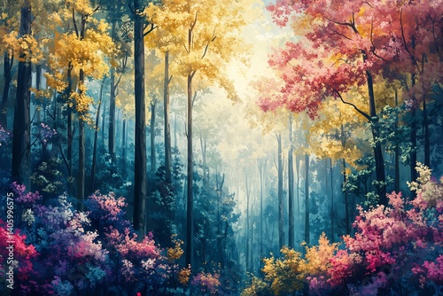 Intricate forest panorama featuring mix of towering deciduous and evergreen trees interlaced with colorful blossoms and soft dappled light