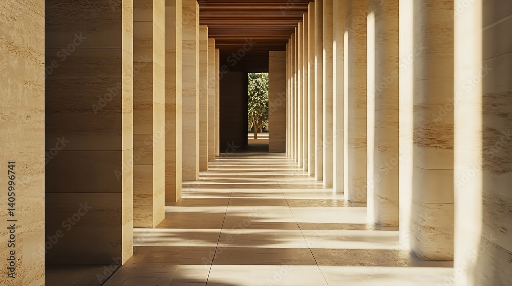 Fototapeta premium A long hallway with many pillars casting shadows on the floor leading to a tree at the end of the hall