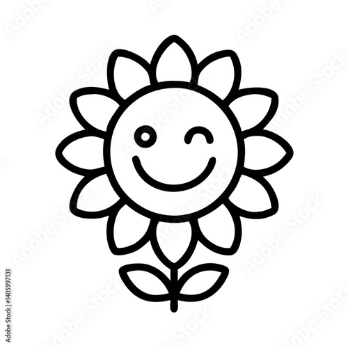 Cute sunflower vector illustration with smiling face and winking eye for graphic design projects