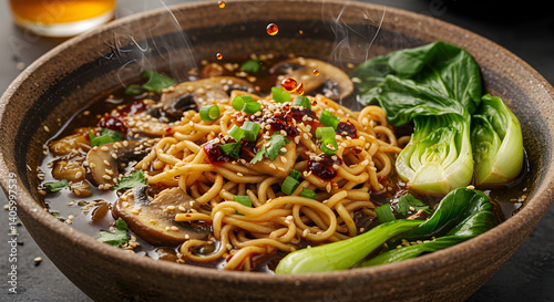 Delicious spicy vegan ramen bowl featuring mushrooms bok choy chili oil