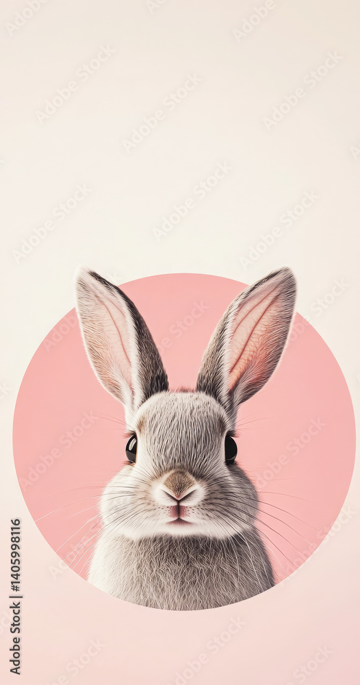 Obraz premium Minimalist image of an adorable gray rabbit centered in a pink circle on a soft neutral background, ideal for Easter themes