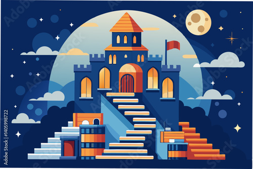 Flat vector of a library that looks like a castle made of open books, stairs leading inside, moonlight — learning as an adventure.