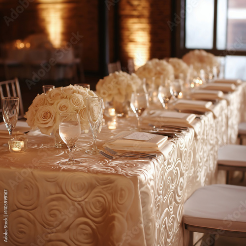 Elegant banquet table set for a formal event with roses and candles