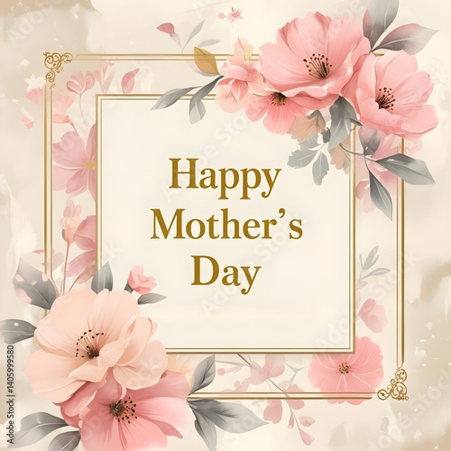 Elegant Mother’s Day Card | Beige Cream Square Design | Vintage Floral Background | Gold Serif Text