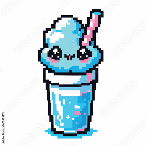 Cute Pixel Art Blue Ice Cream Drink with Straw - Fun Retro Design