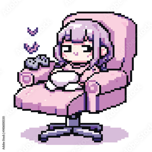 Pixel Art Relaxed Girl Gaming in Pink Chair with Pixel Hearts