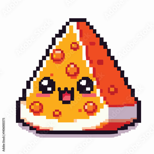 Pixel Art Cute Pizza Slice with Kawaii Face and Orange Toppings