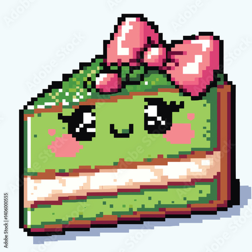 Cute Kawaii Pixel Art Slice of Cake with Pink Bow and Smile