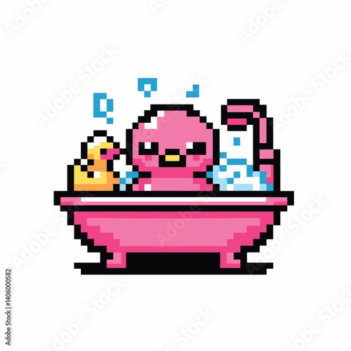 Pixel Art Bird Enjoying Bath Time with Rubber Duck in Pink Tub