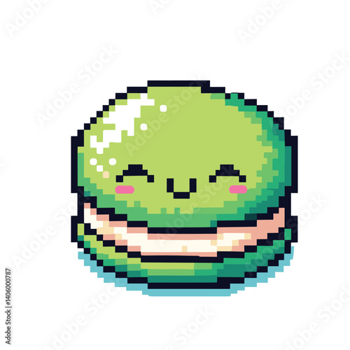 Cute Kawaii Green Macaron Pixel Art with Smiling Face on White Background