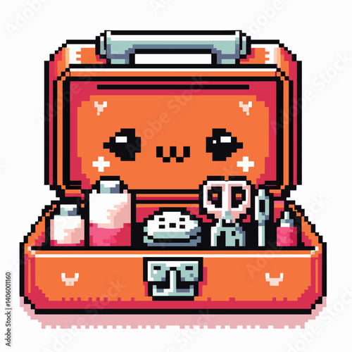 Cute Pixel Art Sewing Kit with Kawaii Face Illustration