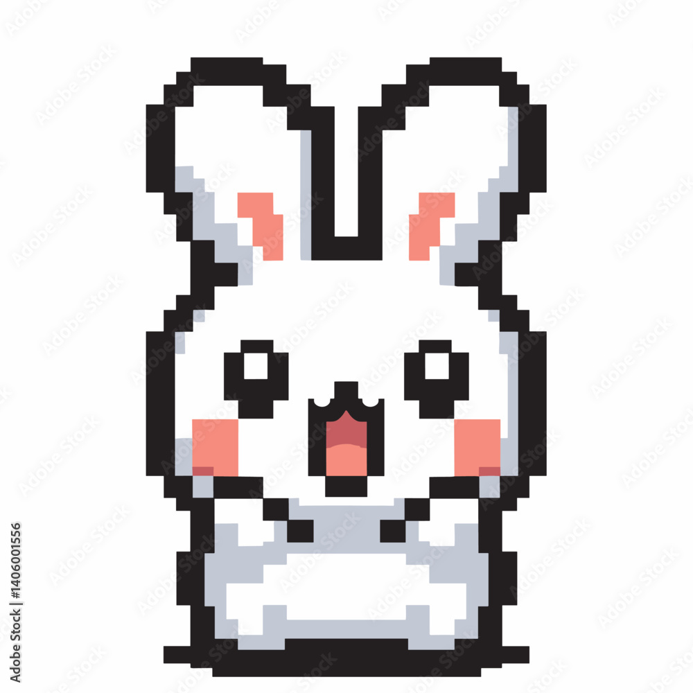 Cute Pixel Art Bunny Character with Pink Cheeks on White Background Cute Pixel Art Bunny Character with Pink Cheeks on White Background