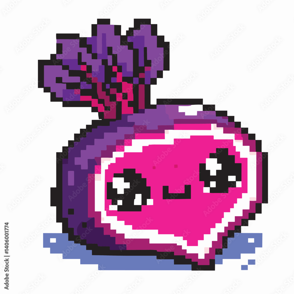 Obraz premium Adorable Cartoon Beet with a Happy Face - Pixel Art Illustration