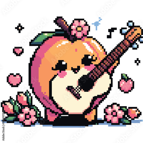 Peach Playing Guitar in Pixel Art with Blossoms