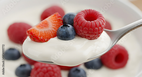 Spoonful of fresh yogurt with colorful berry topping closeup shot