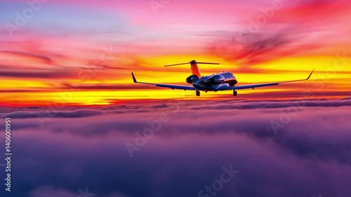 A sleek private jet soaring above the clouds during a vibrant sunset