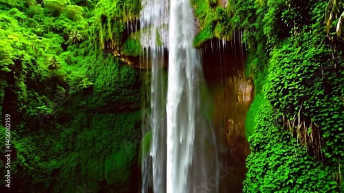 A massive waterfall cascading down rocky cliffs, surrounded by lush tropical greenery