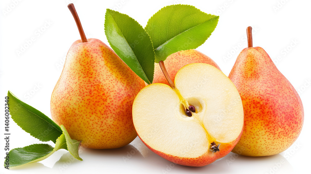 Ripe pear on white background close-up